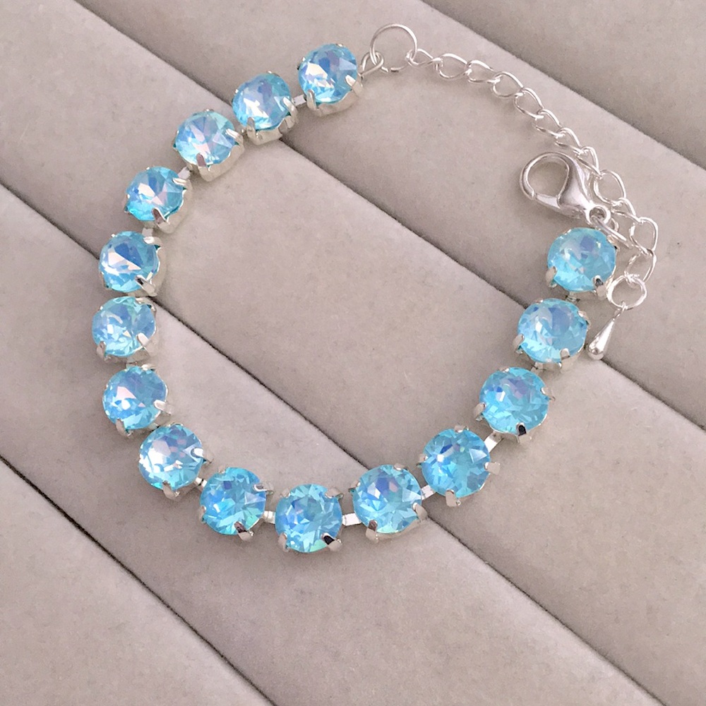 Aquamarine Opal Aurora Borealis + Silver Crystal Tennis Bracelet - Picture 3 of 9